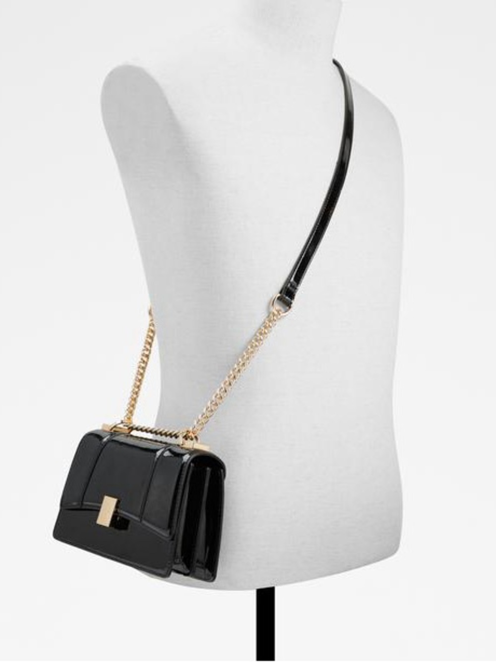 NWT Aldo Crotoruaax Women’s Black Crossbody Purse Bag Faux Patent Leather Gold
